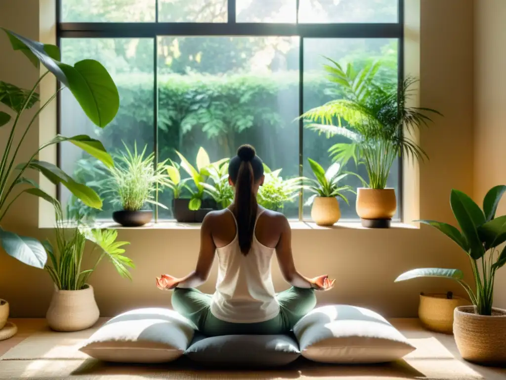Mediación serena: Fortalece el sistema inmune con calma Persona meditando en un ambiente sereno y luminoso, rodeada de plantas