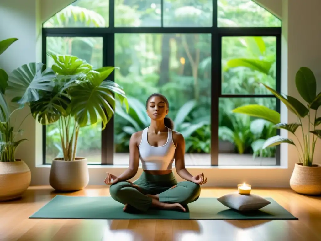 Imagen serena de meditación en un espacio minimalista Persona meditando en un ambiente sereno y minimalista, rodeada de plantas, en una habitación que fomenta la calma y el bienestar