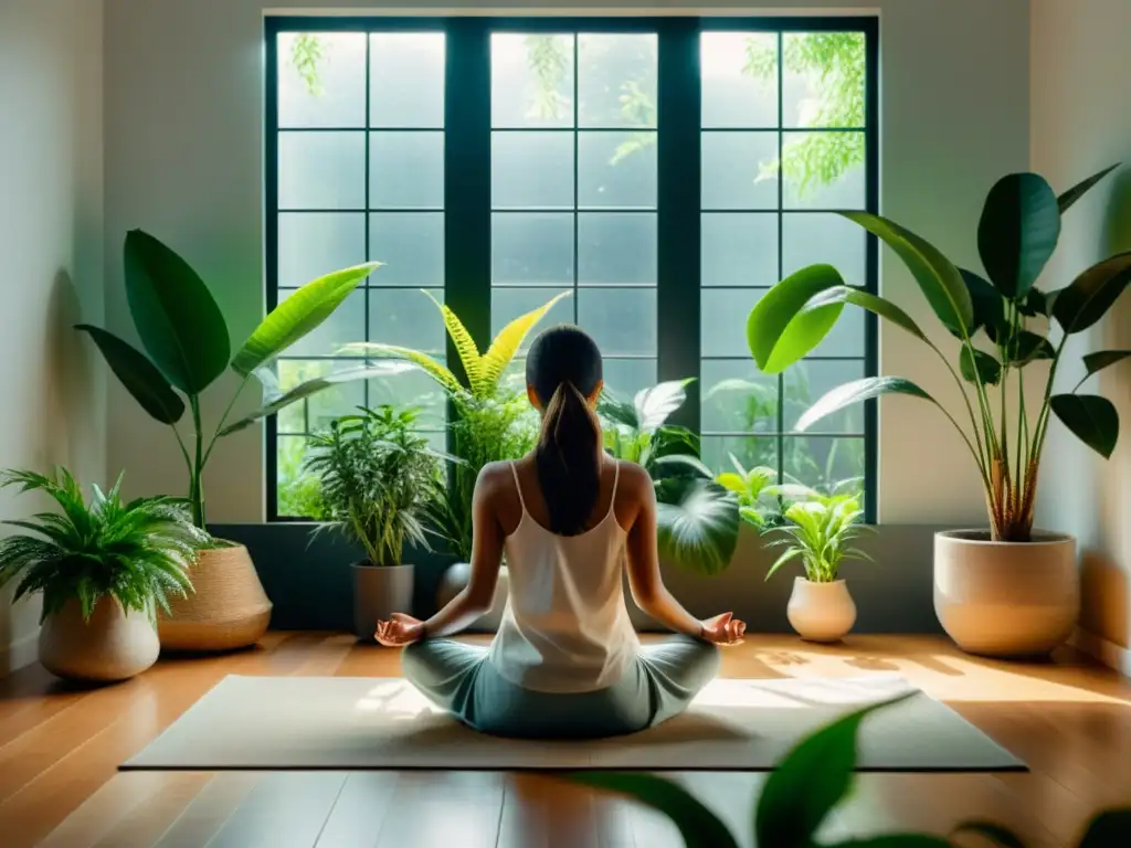 Mediación serena en un espacio minimalista con plantas Persona meditando en un ambiente sereno y minimalista, promoviendo el sistema inmunológico y mindfulness
