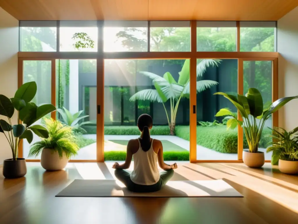 Serena meditación en un oasis moderno Persona meditando en un ambiente sereno con plantas verdes grandes y luz solar, aplicando técnicas de meditación para fortalecer sistema inmune