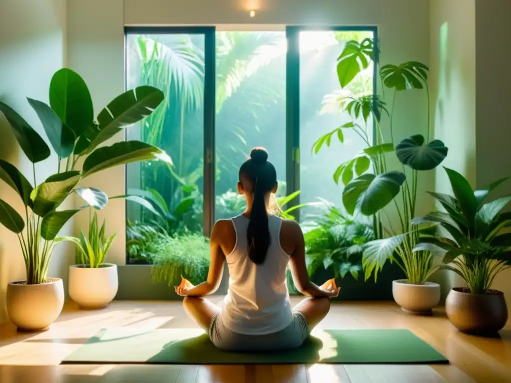 Serena meditación en entorno natural: transformación interior Una persona medita en un ambiente sereno, rodeada de plantas