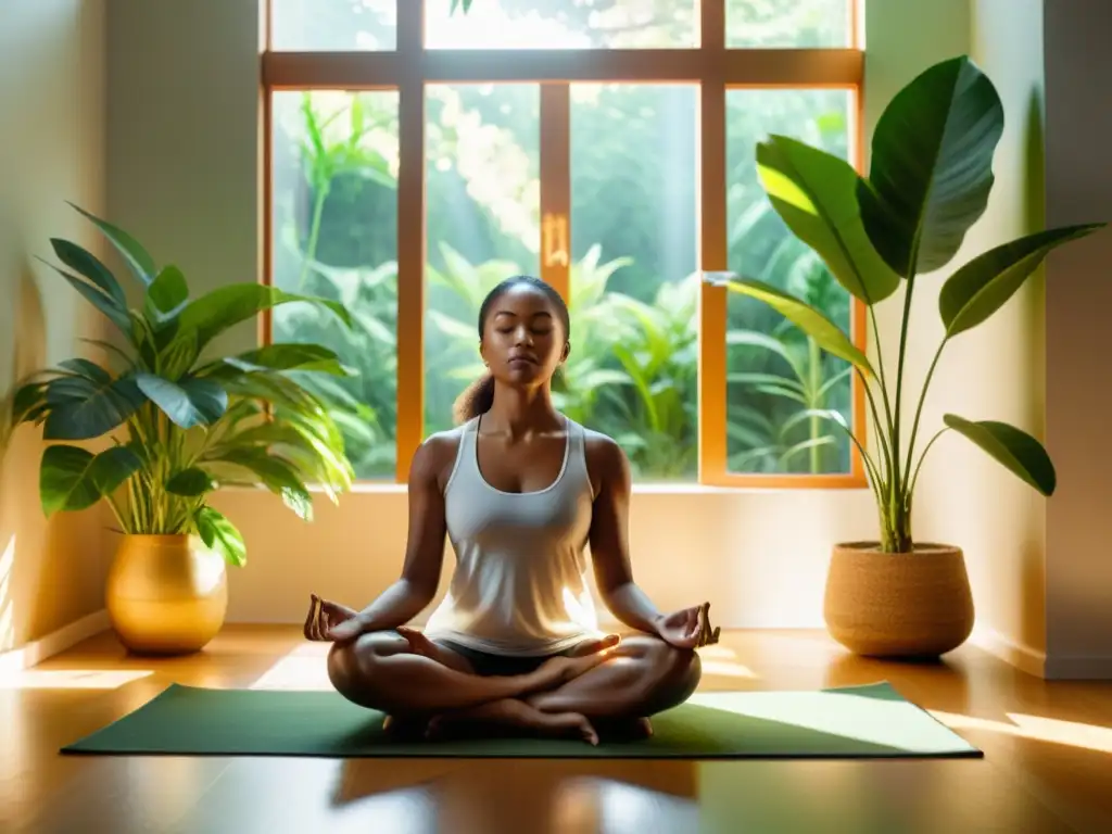Meditación serena en sala soleada con plantas verdes Una persona medita en un ambiente sereno, rodeada de plantas
