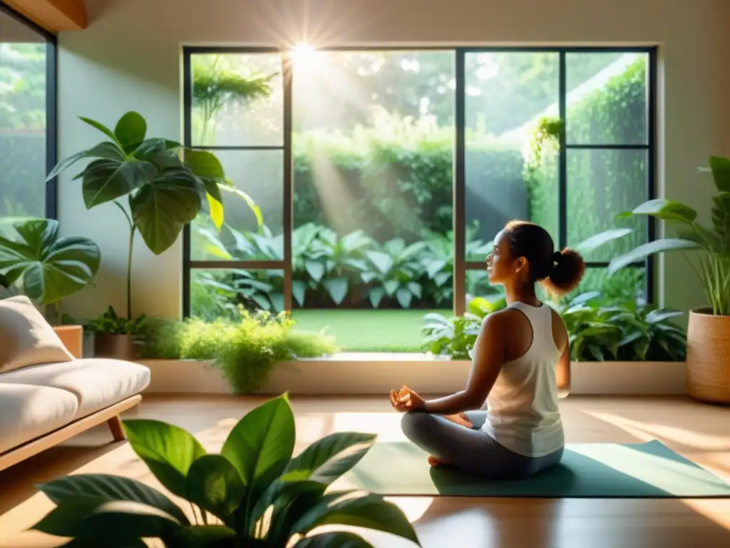 Persona en meditación serena rodeada de plantas verdes Una persona en un ambiente sereno rodeada de plantas verdes, practicando actividades de bienestar como yoga o meditación