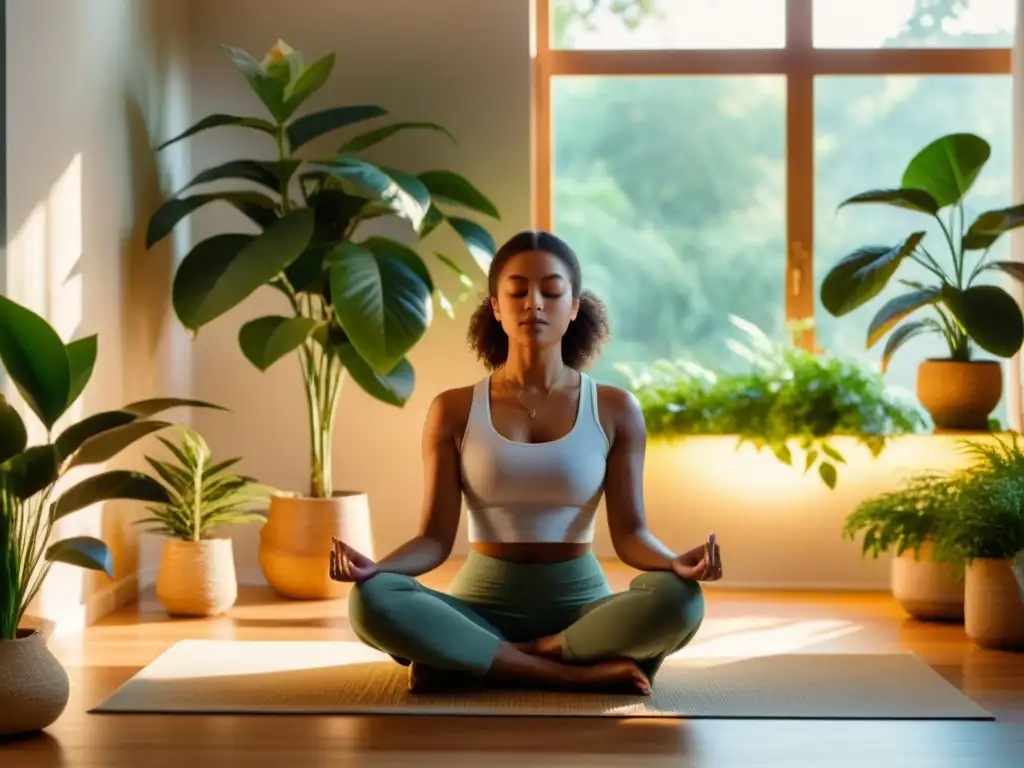 Mediación serena en ambiente armonioso Persona meditando en un ambiente sereno y soleado, rodeada de plantas, irradiando paz y equilibrio