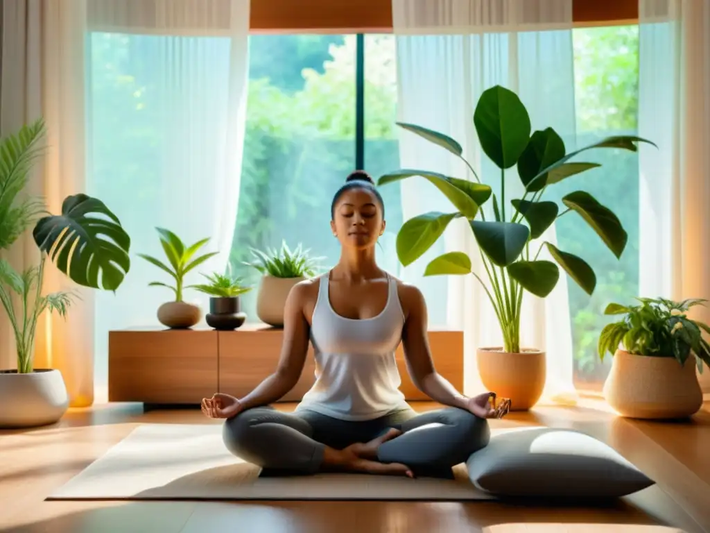 Meditación serena en habitación minimalista Persona meditando en un ambiente sereno, integrando mindfulness y tecnología para fortalecer el sistema inmunológico