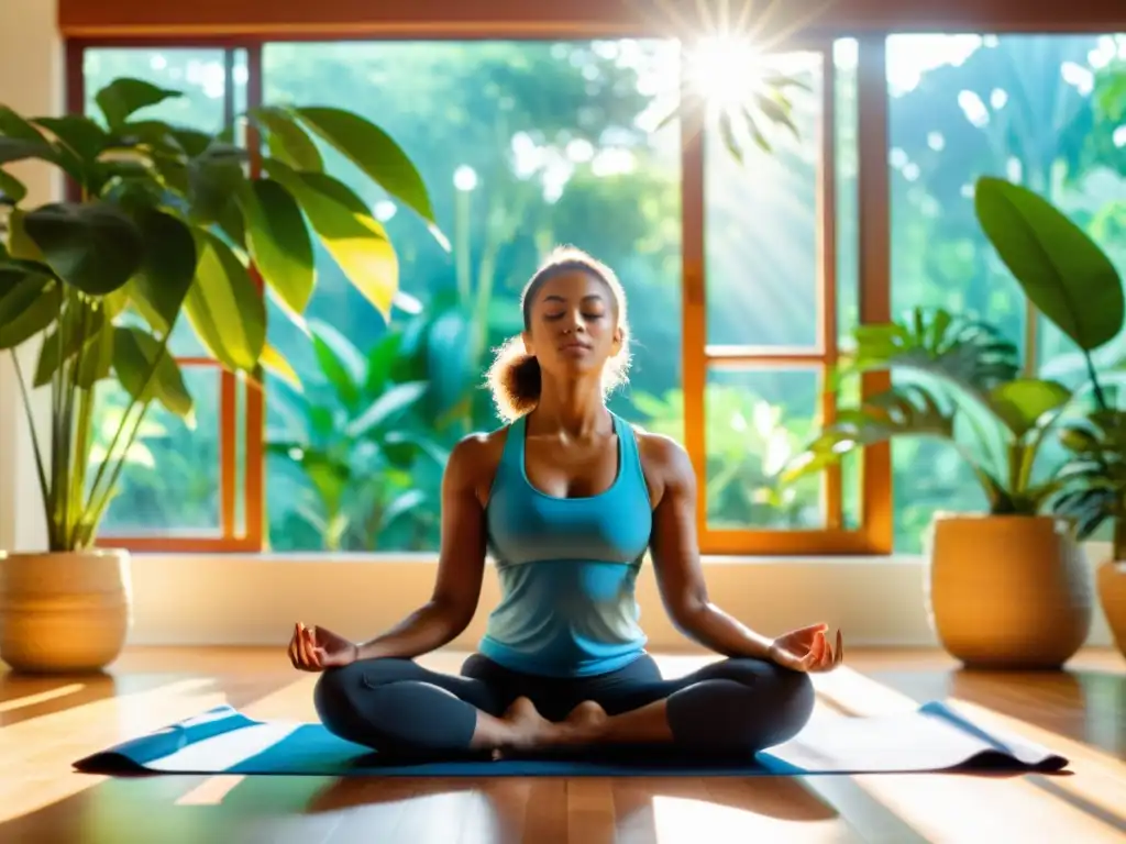 Una persona medita en un ambiente soleado y tranquilo, rodeada de plantas, con beneficios de la meditación en el sistema inmunológico