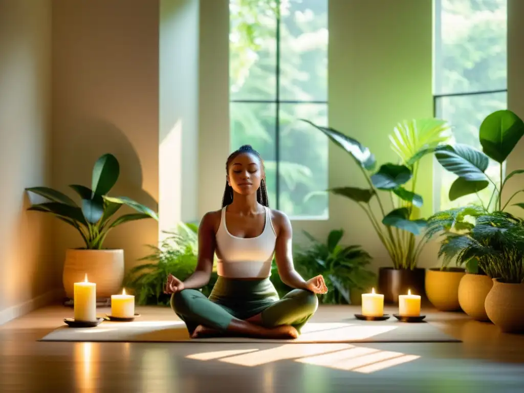 Mediación serena entre plantas y velas Persona meditando en un ambiente tranquilo y luminoso, rodeada de plantas verdes y velas