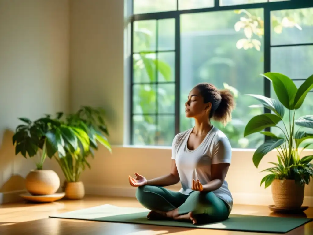 Práctica de meditación mindfulness para la paz interior Persona en meditación, ambiente tranquilo con luz natural y plantas