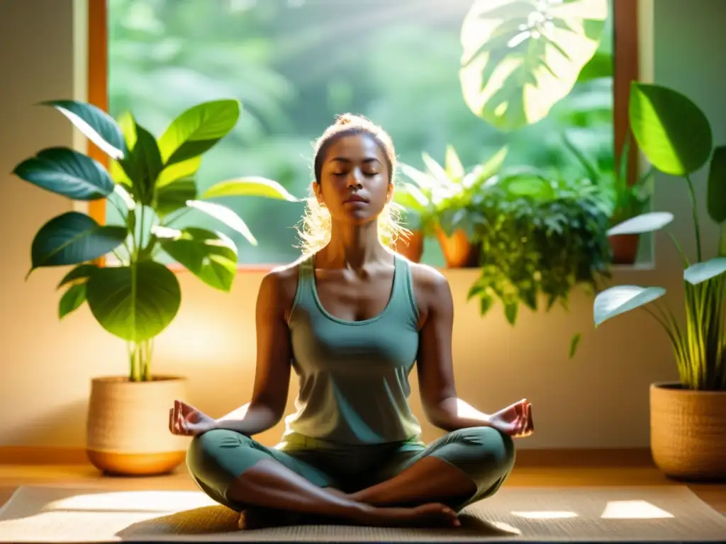 Fortalece tu sistema inmunológico con meditación Una persona medita en un ambiente tranquilo y soleado, rodeada de plantas verdes exuberantes