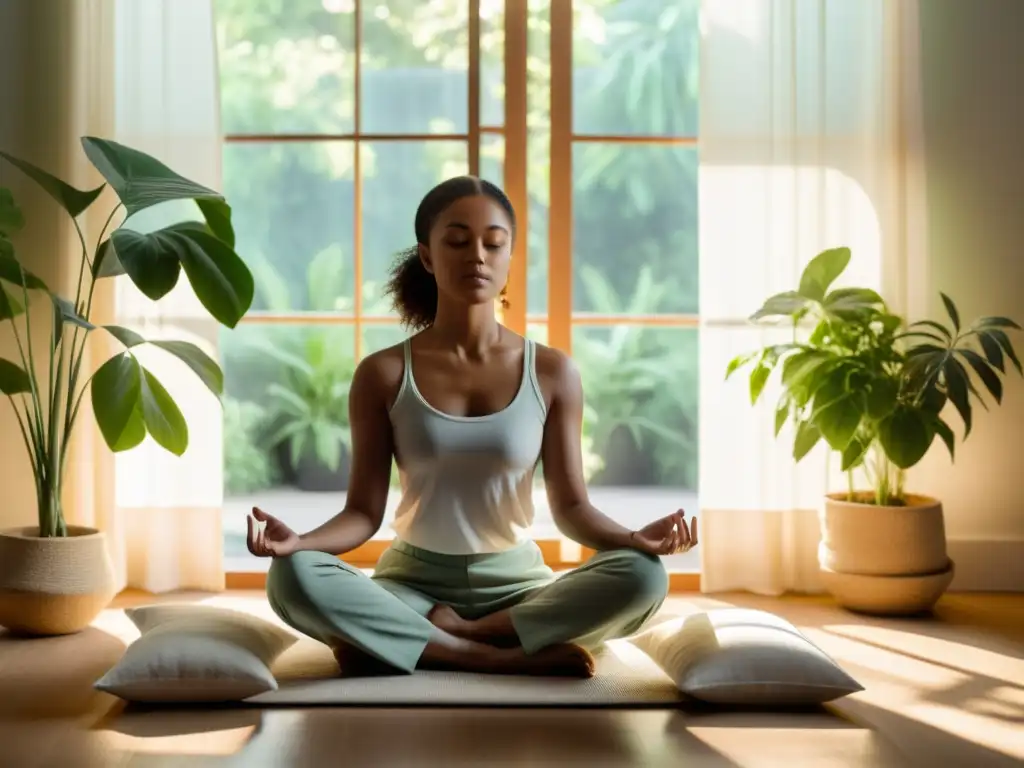 Meditación en un espacio sereno Persona meditando en un ambiente tranquilo y soleado, rodeada de plantas verdes, evocando calma y bienestar