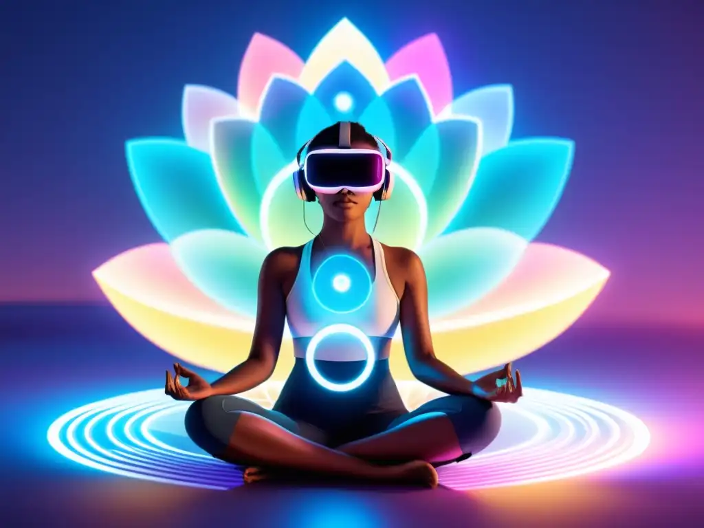 Mediación en realidad virtual: fusión de tranquilidad y tecnología Persona meditando en ambiente virtual futurista, rodeada de formas geométricas luminosas