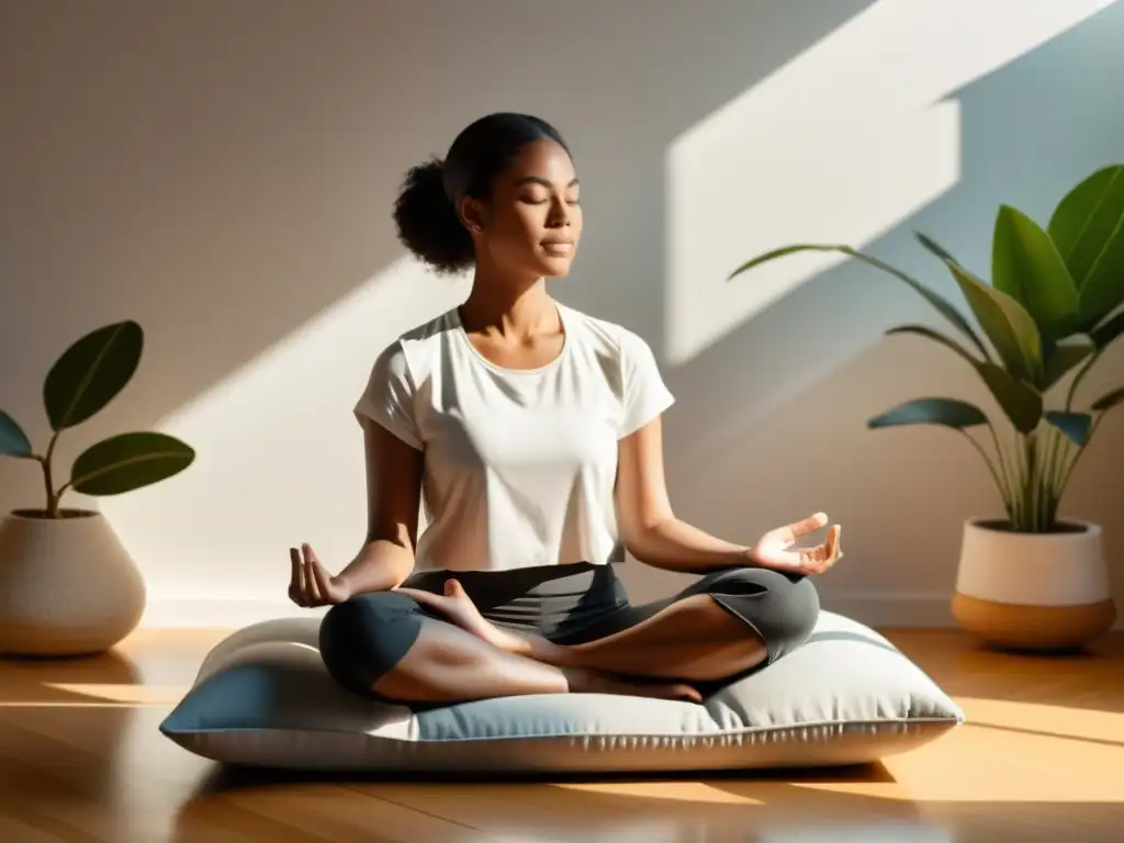 Meditación moderna con app en ambiente minimalista Persona meditando con app de meditación en ambiente minimalista