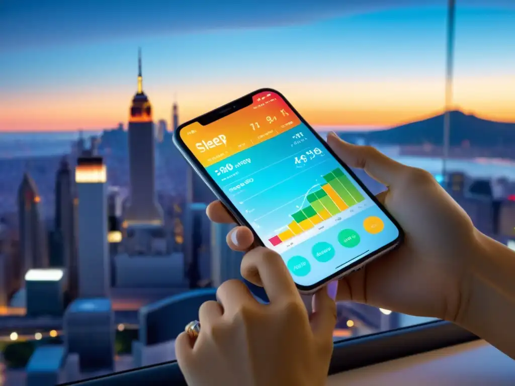 Seguimiento de salud y bienestar con app moderna Persona usando una app para equilibrar dieta, ejercicio y descanso desde una oficina moderna con vista a la ciudad