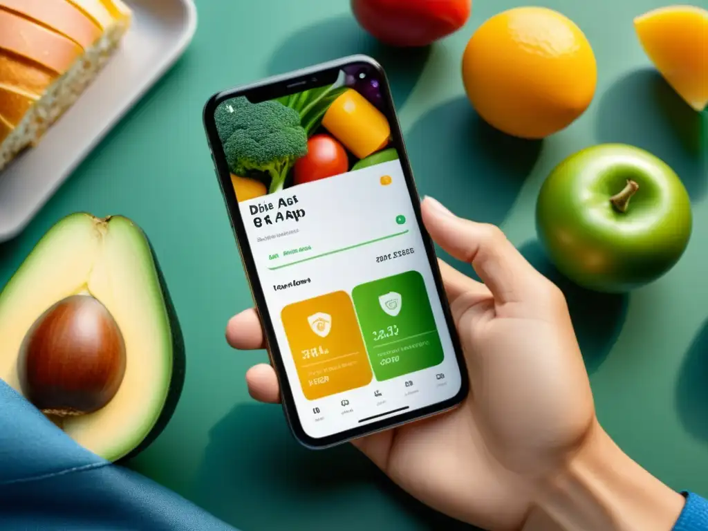 Nutrición profesional: errores comunes en una app de dieta Persona usando app de dieta, mostrando errores comunes y opciones de comida saludable