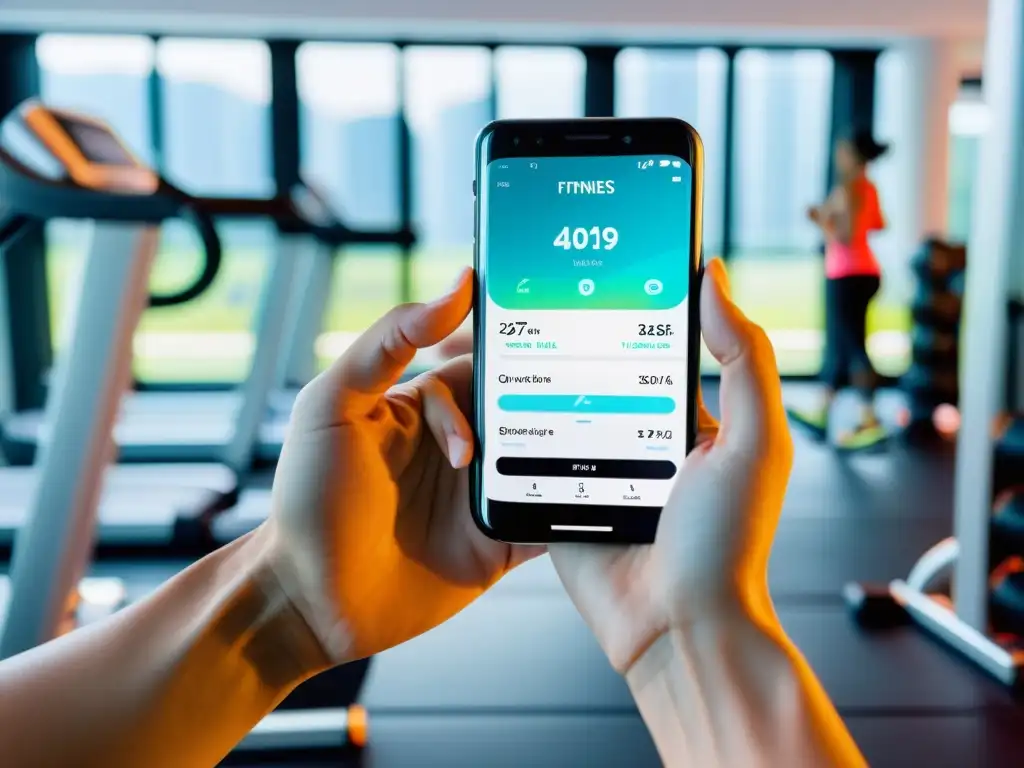 Entrenamiento de alta tecnología en gimnasio futurista Persona usando app de ejercicio en un gimnasio moderno y luminoso