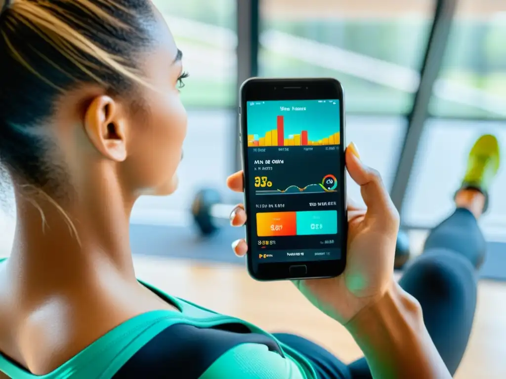 Fitness en la era digital: motivación y empoderamiento Una persona usando una app de fitness en un espacio luminoso y moderno
