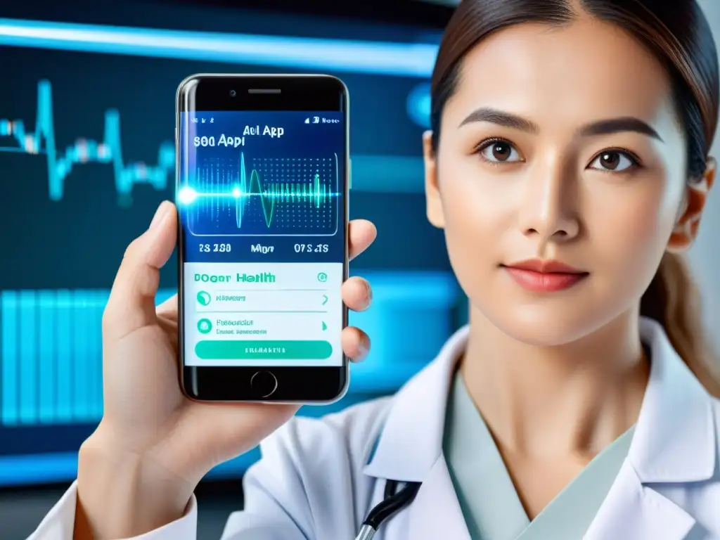 Persona usando app médica para detección deficiencias sistema inmunológico en moderno entorno médico futurista