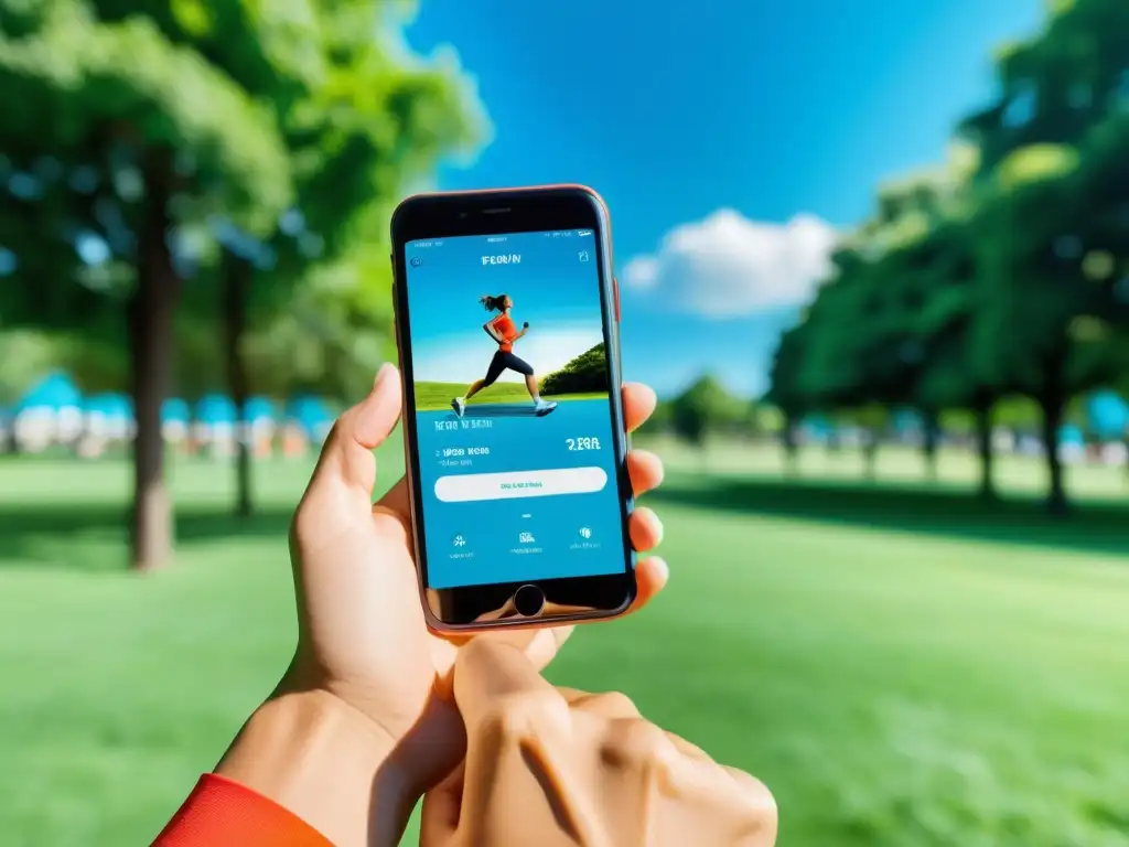 Persona activa usando app de fitness en el parque Persona usando una app de fitness en un parque verde, transmitiendo vitalidad y energía
