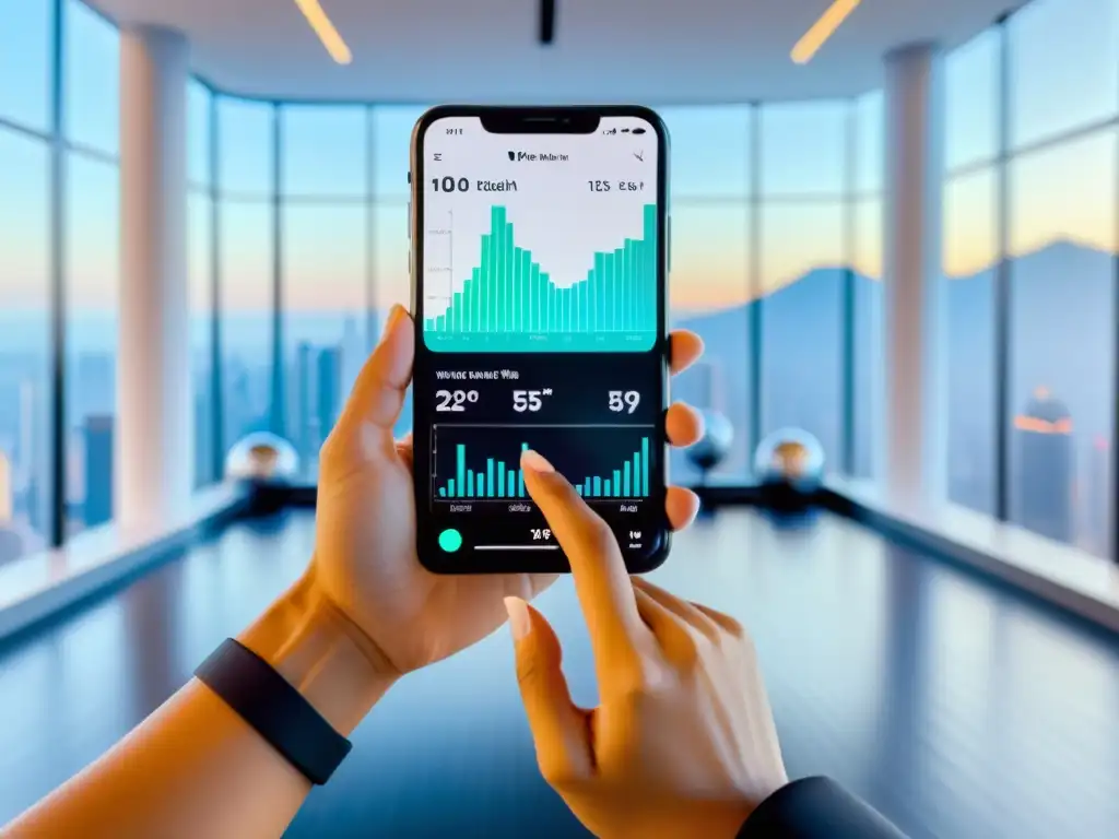 Entrenamiento con app de salud y fitness en ambiente motivador Persona usando app para fortalecer sistema inmunológico en ambiente motivador con datos de salud virtual