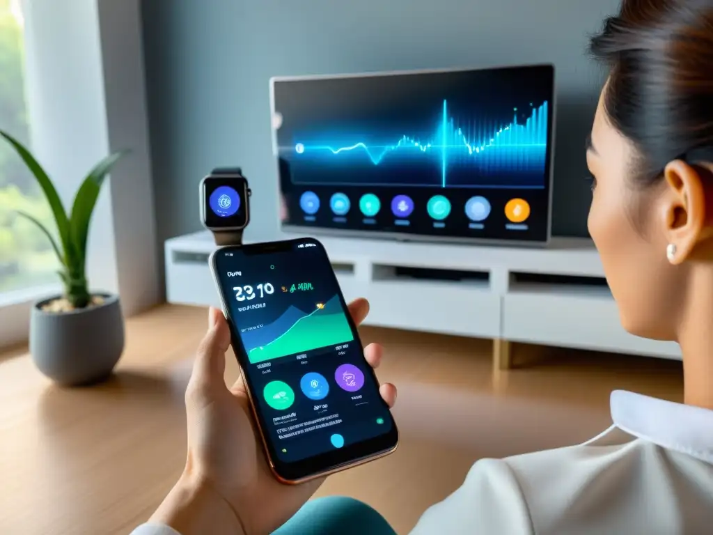 Salud digital: Control total de la vida moderna Persona usando apps y dispositivos de salud para fortalecer el sistema inmunológico en ambiente moderno y tecnológico