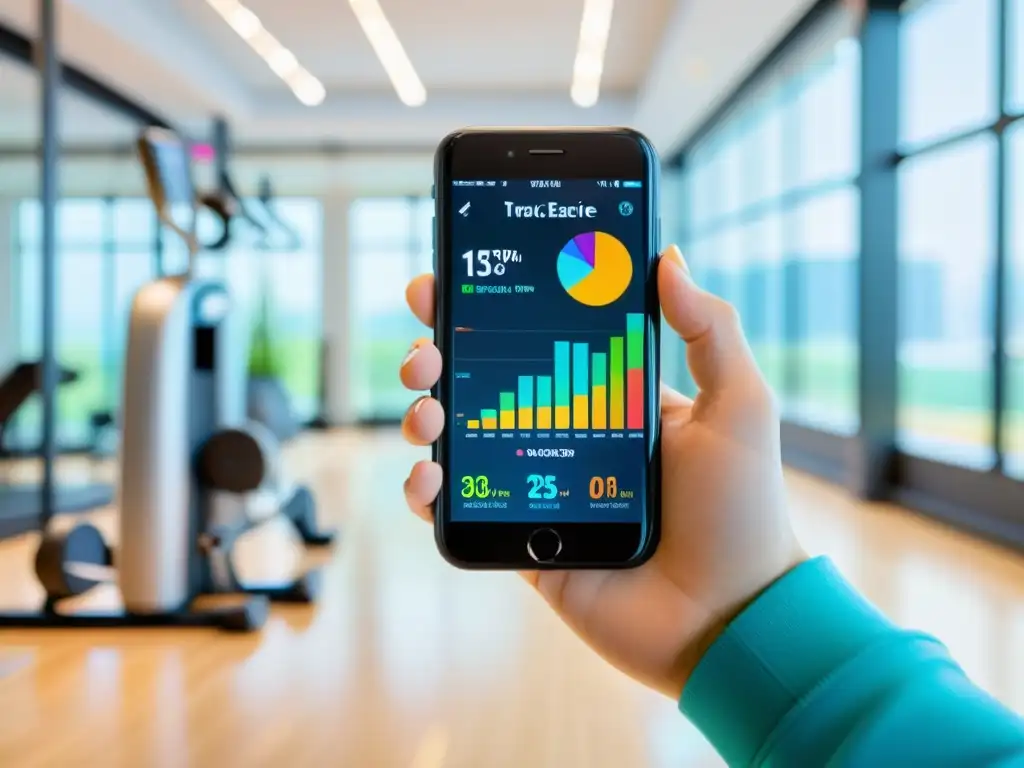 Optimización inmune: Tecnología y bienestar Persona usando apps para equilibrar sistema inmune, rodeada de tecnología y opciones saludables en un gimnasio vibrante