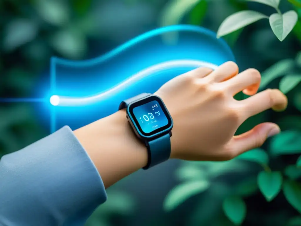 Dispositivo futurista de biometría en entorno natural Persona en armonía con la naturaleza, utiliza dispositivo futurista para biofeedback inmunológico y gestionar estrés