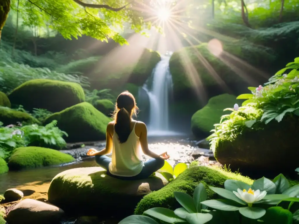 Persona meditando en un bosque exuberante, rodeada de flores y luz cálida