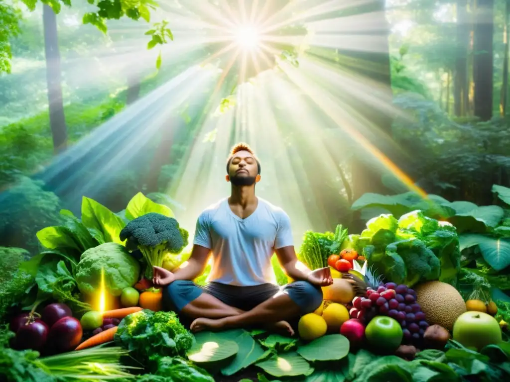 Armonía Natural: Meditación en el Bosque con Alimentos Saludables Persona meditando en un bosque exuberante, rodeada de frutas y verduras coloridas, con luz solar filtrándose entre los árboles