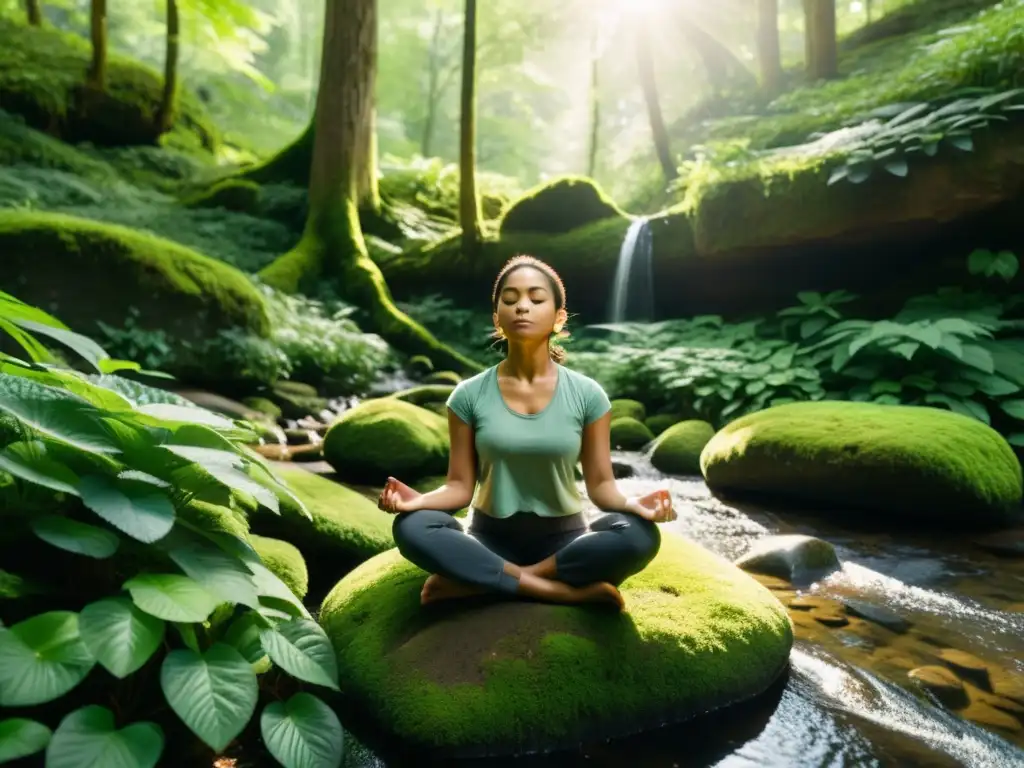 Meditación en el bosque: Conexión plena con la naturaleza Persona en meditación en un bosque, rodeada de naturaleza exuberante