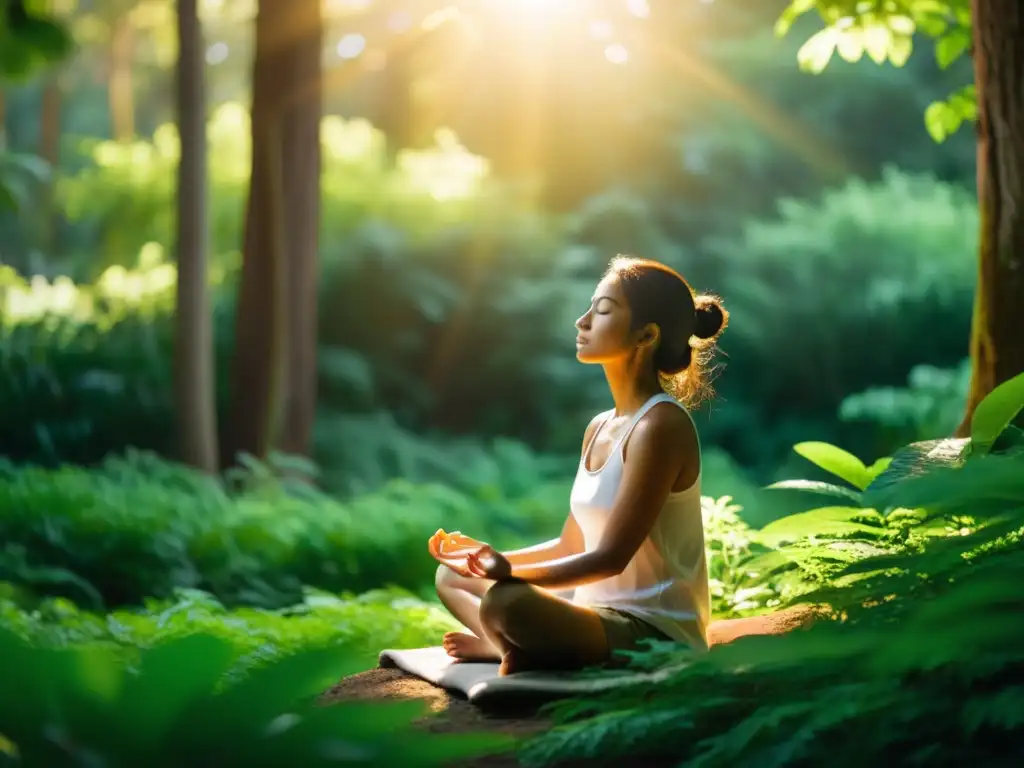 Meditación en el bosque: serenidad dorada entre la naturaleza exuberante Persona meditando en un bosque sereno, bañada por la luz dorada del sol