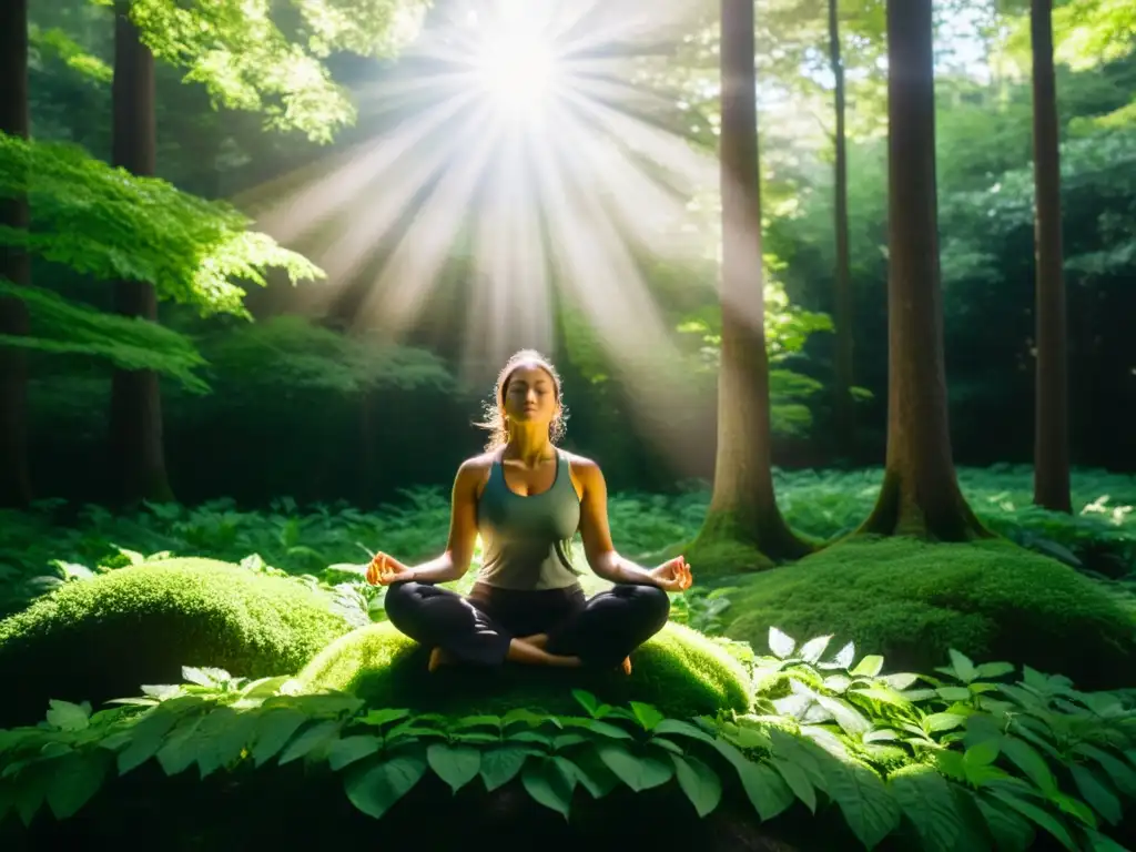 Meditación en el bosque: paz y armonía natural Persona meditando en un bosque verde exuberante, con luz solar filtrándose entre las hojas