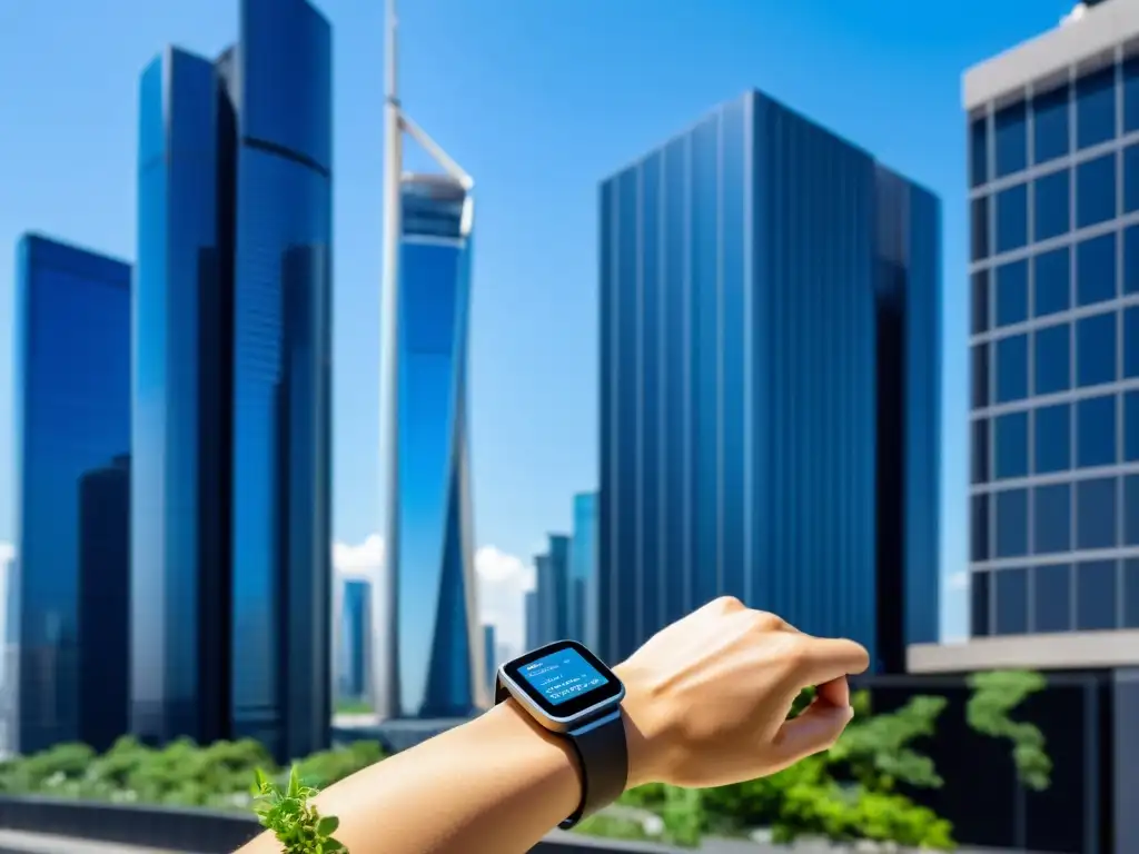 Monitoreo de calidad del aire en la ciudad Persona con wearables para evaluar calidad aire, observando datos en la pantalla en una ciudad futurista y consciente del medio ambiente