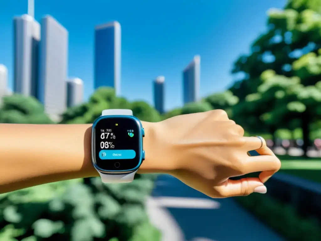 Dispositivo portátil muestra calidad del aire en tiempo real en el parque Persona con wearables para evaluar calidad aire paseando por parque urbano entre árboles y cielo azul