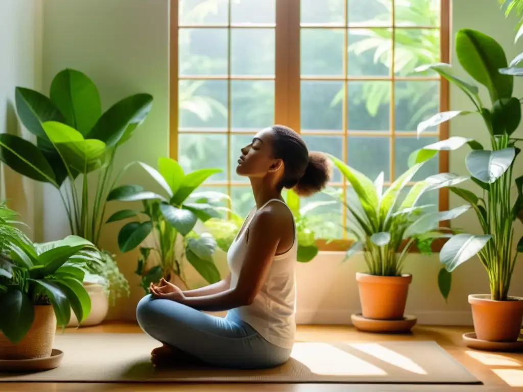 Persona en calma practicando ejercicios de respiración en una habitación soleada, rodeada de plantas verdes