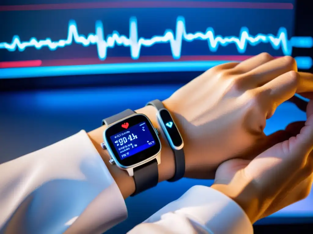 Monitor ECG portátil: tecnología futurista para la salud cardiovascular Persona calmada y enfocada usando un ECG portátil en un entorno médico futurista, mostrando datos de ritmo cardíaco en tiempo real
