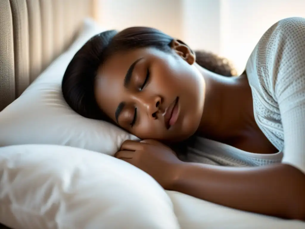 Tranquilo sueño en cama acogedora Una persona duerme pacíficamente en una cama acogedora, con iluminación suave que resalta su rostro sereno
