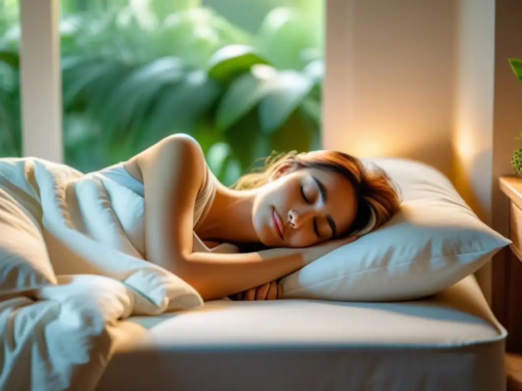 Una persona duerme tranquilamente en una cama acogedora, con luz suave iluminando la habitación