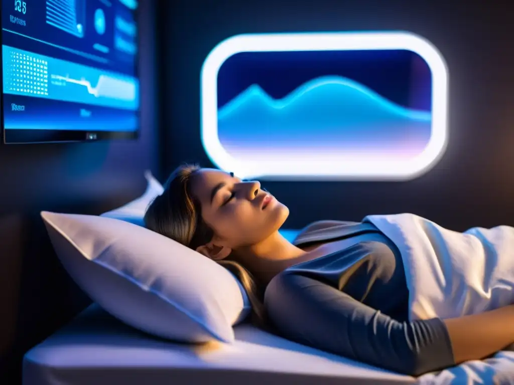 Monitoreo de sueño futurista en cama de alta tecnología Persona durmiendo en cama futurista con monitorización del sueño sistema inmunológico en ambiente sereno y futurista
