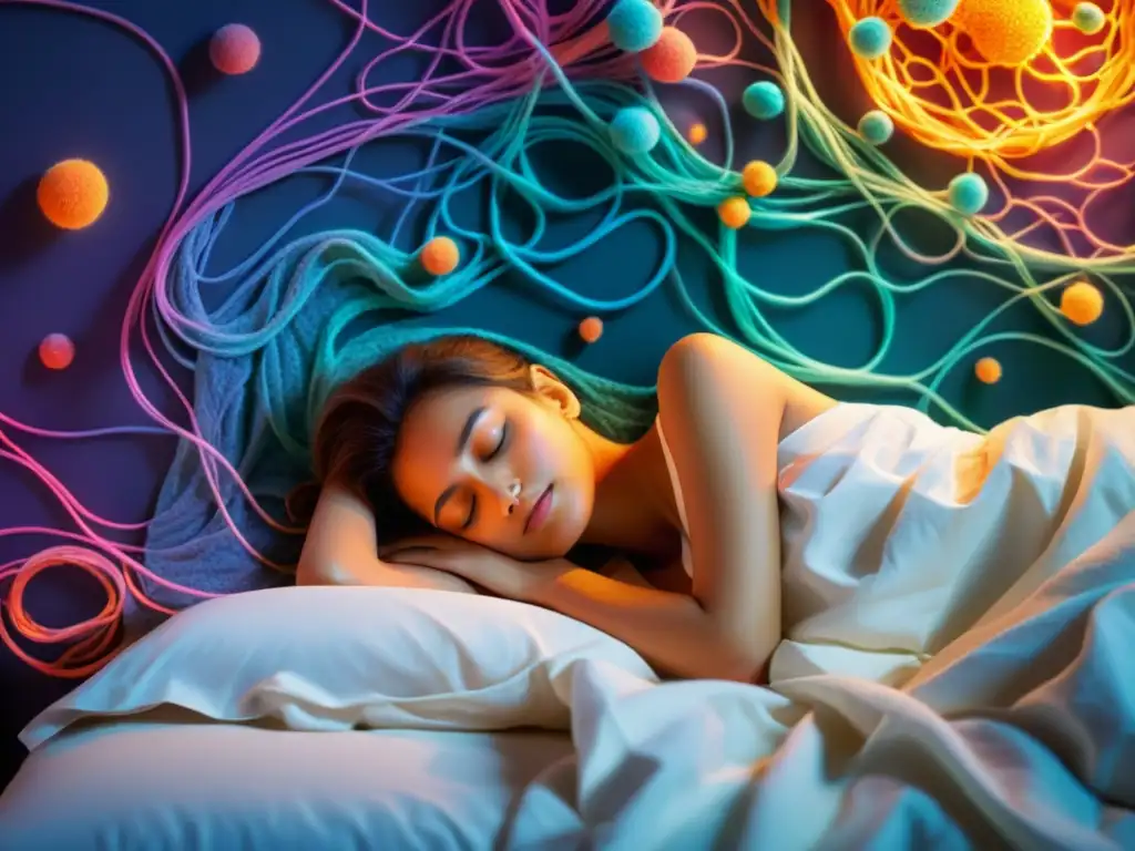 Armonía inmune: Durmiendo entre caos y células Persona en cama rodeada de representaciones abstractas del sistema inmunológico, reflejando la relación entre desórdenes del sueño y sistema inmunológico