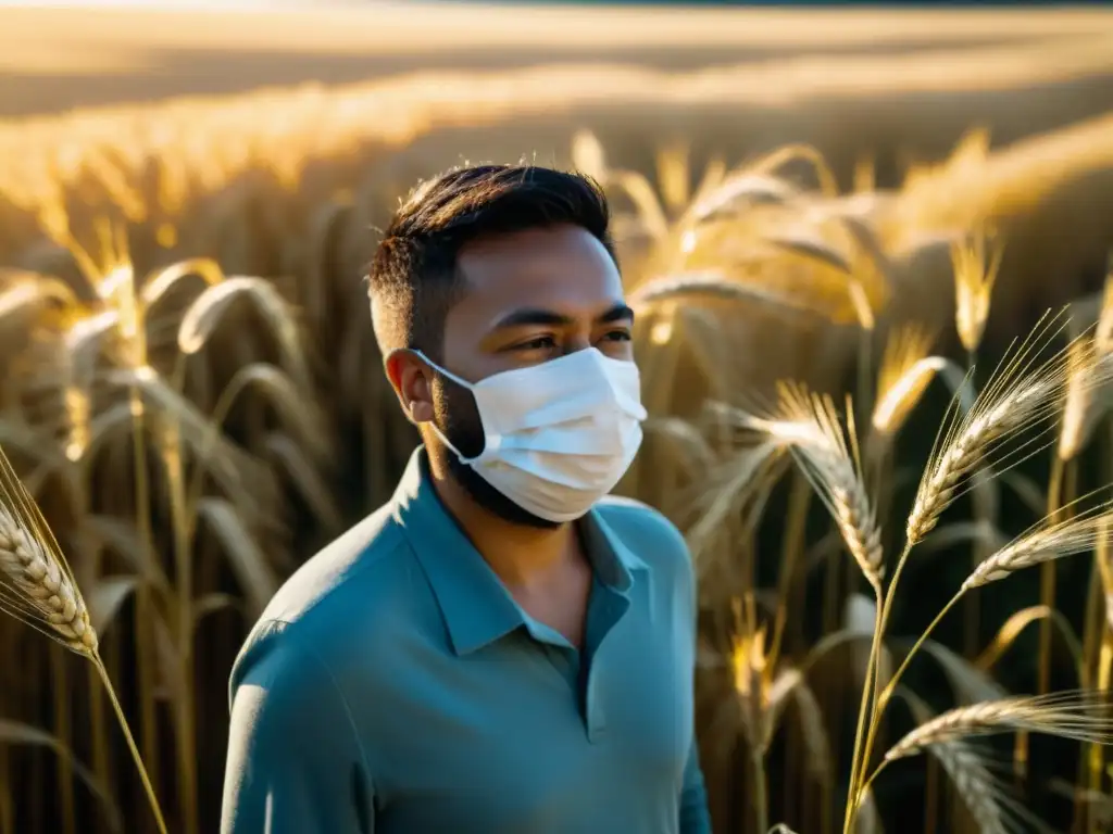 Una persona en un campo de trigo dorado, con luz solar filtrándose entre los tallos