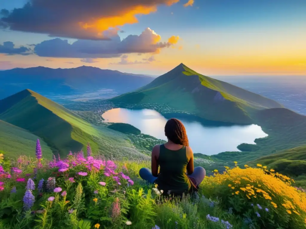 Meditación al atardecer: serenidad en la montaña Persona meditando en la cima de la montaña al atardecer, rodeada de flores silvestres
