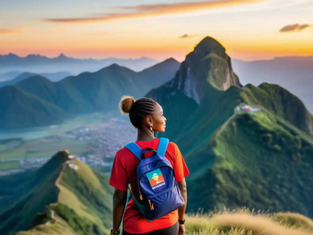 Unidad global: cumbre, atardecer y seguro de salud Una persona en la cima de una montaña, con un atardecer vibrante de fondo, sosteniendo un pasaporte con tarjeta de seguro de salud internacional