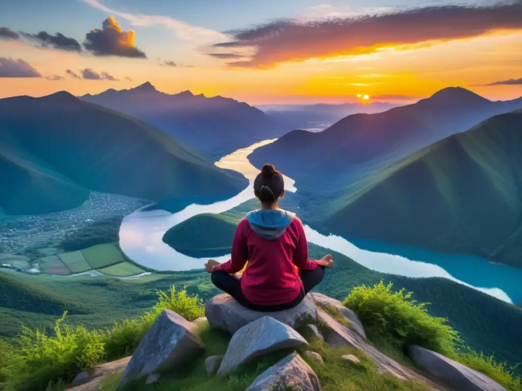 Meditación al atardecer en la cima de la montaña Una persona medita en la cima de una montaña, rodeada de un vibrante atardecer