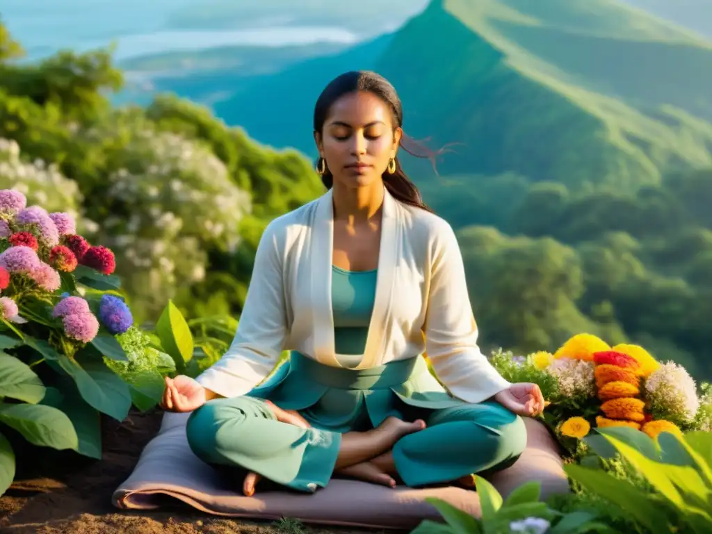 Persona meditando en la cima de una montaña, rodeada de naturaleza exuberante y flores coloridas, en una escena serena