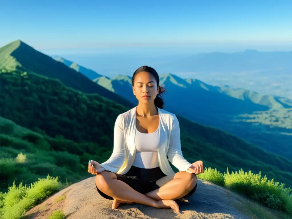 Desintoxicación digital en la cima Persona meditando en la cima de una montaña, rodeada de naturaleza, con los ojos cerrados y sosteniendo un teléfono