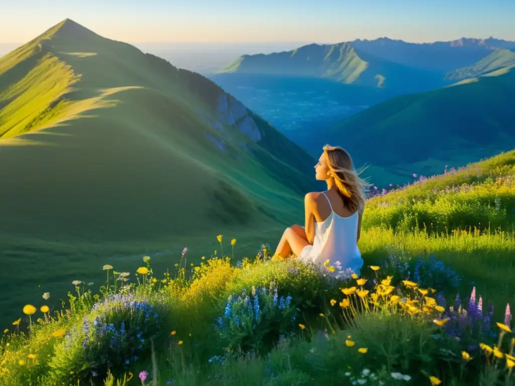 Meditación en la cima: conexión mente-cuerpo Persona meditando en la cima de una montaña, rodeada de flores silvestres y cielo azul