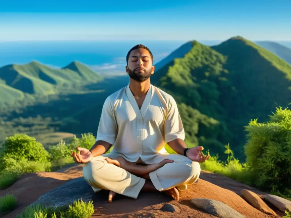 Meditación en la cima: paz interior entre la naturaleza Persona meditando en la cima de una montaña, rodeada de naturaleza exuberante y cielo azul