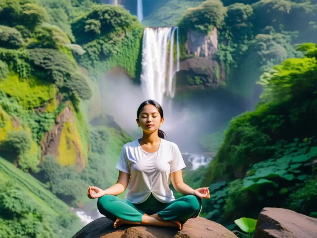 Persona meditando en la cima de la montaña, rodeada de vegetación exuberante y una cascada serena