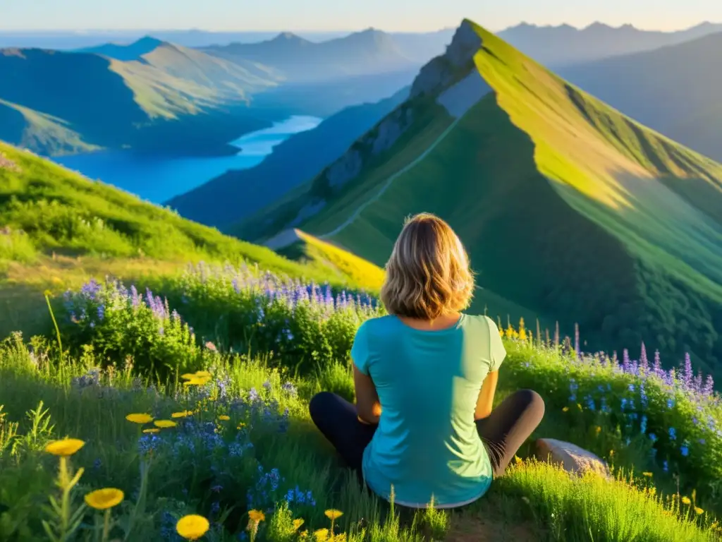 Persona meditando en la cima de la montaña, rodeada de naturaleza exuberante y cielo azul