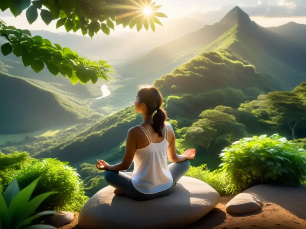 Meditación en la cima: Energía positiva y calma en la naturaleza Persona en la cima de la montaña, rodeada de naturaleza, practicando Reiki para la inmunidad y bienestar